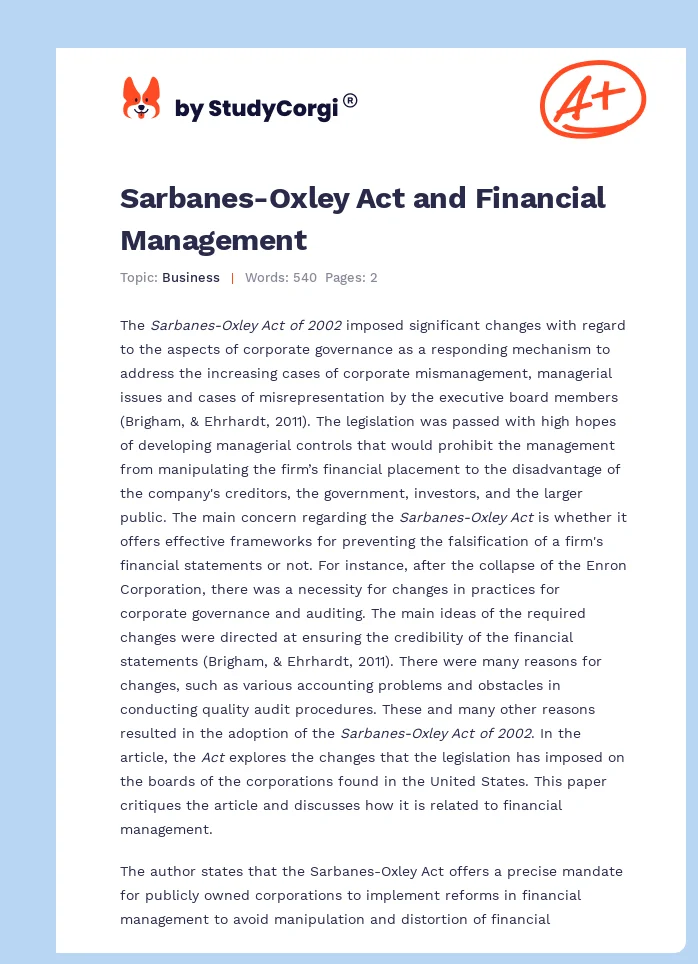 Sarbanes-Oxley Act and Financial Management. Page 1