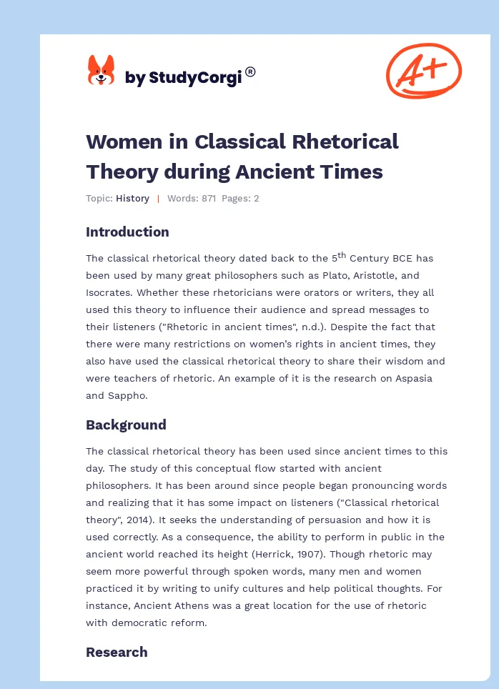 Women in Classical Rhetorical Theory during Ancient Times. Page 1