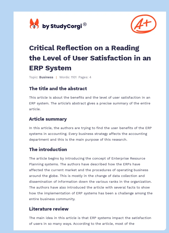 Critical Reflection on a Reading the Level of User Satisfaction in an ERP System. Page 1