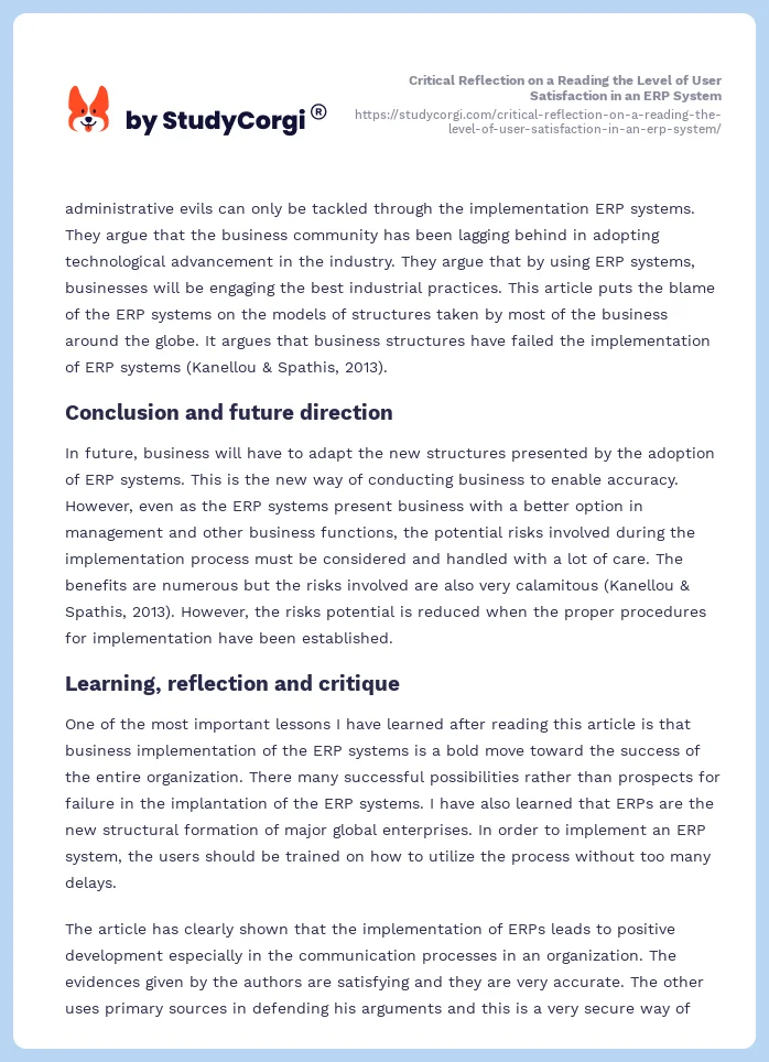 Critical Reflection on a Reading the Level of User Satisfaction in an ERP System. Page 2