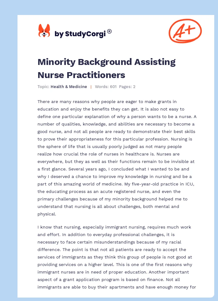 Minority Background Assisting Nurse Practitioners. Page 1