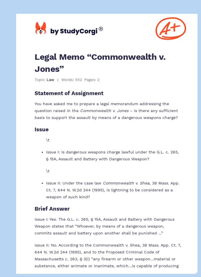 Legal Memo “Commonwealth v. Jones”. Page 1