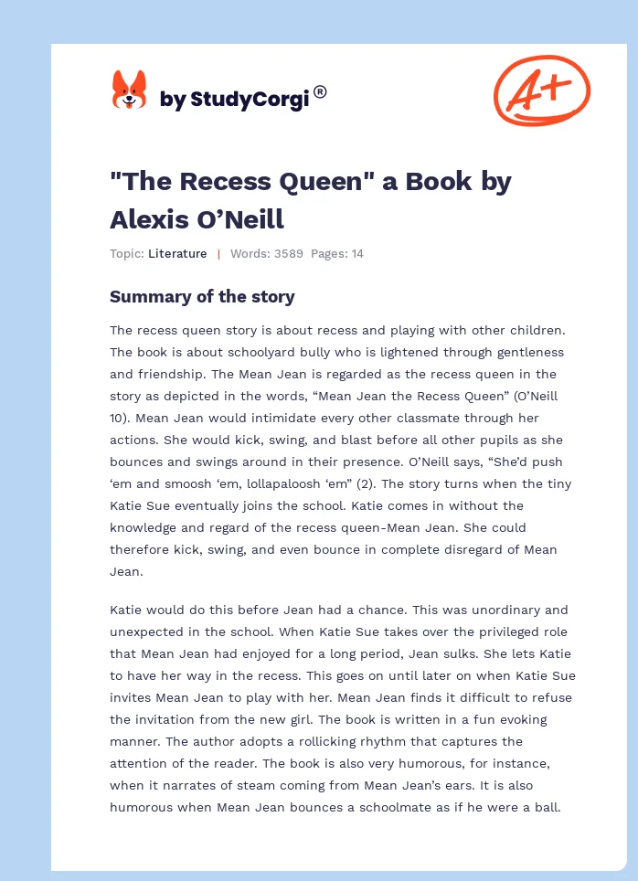 "The Recess Queen" a Book by Alexis O’Neill. Page 1