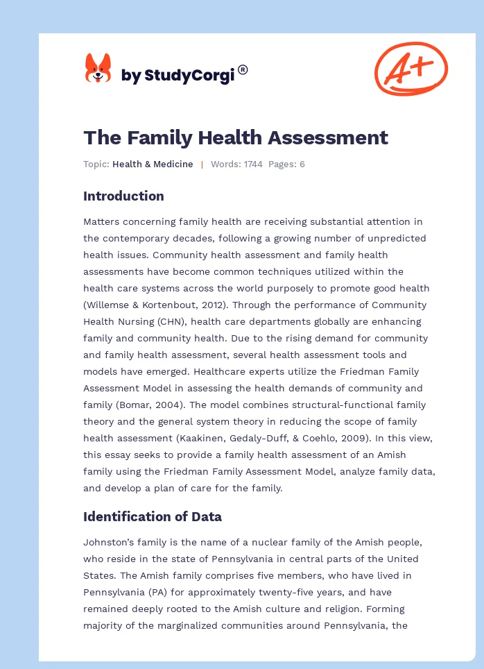 The Family Health Assessment. Page 1