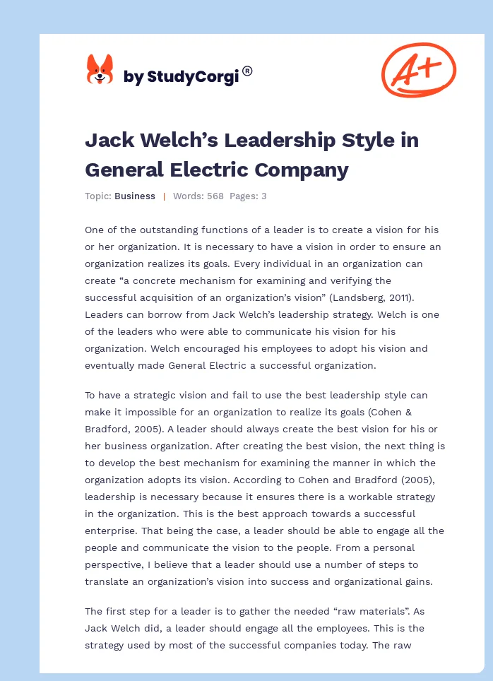Jack Welch’s Leadership Style in General Electric Company. Page 1