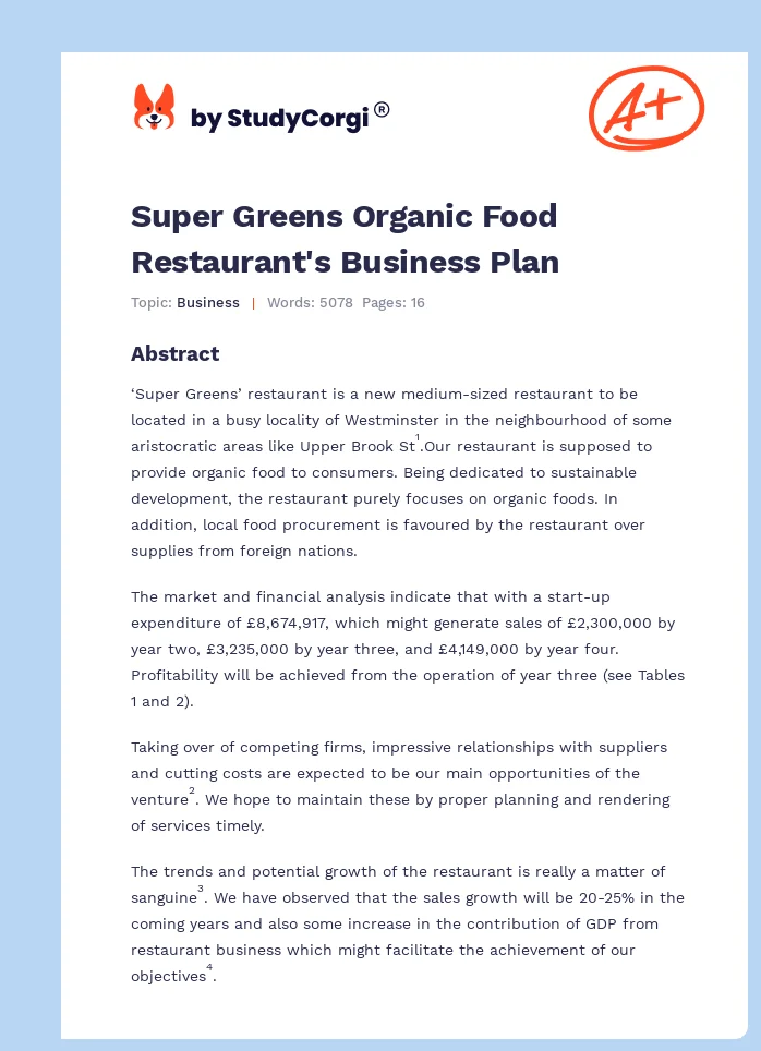 Super Greens Organic Food Restaurant's Business Plan. Page 1