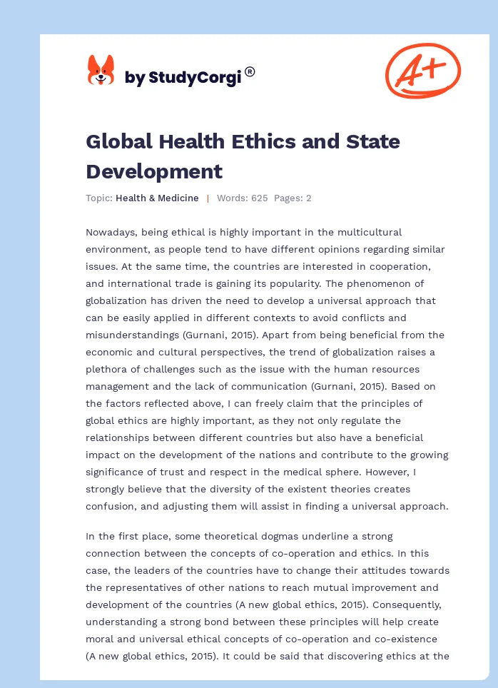 Global Health Ethics and State Development. Page 1