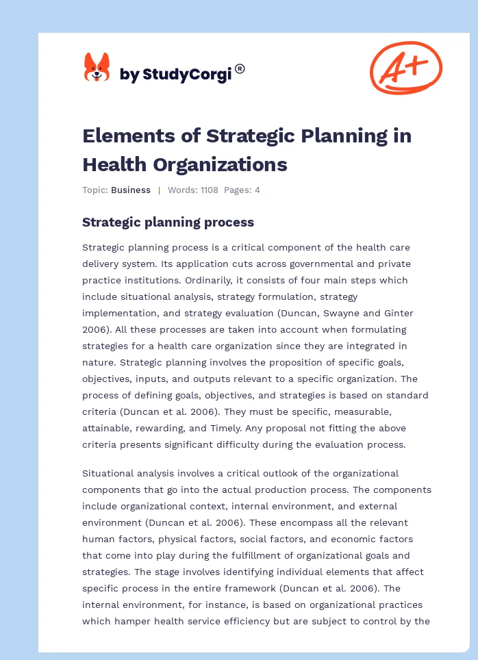 Elements of Strategic Planning in Health Organizations. Page 1
