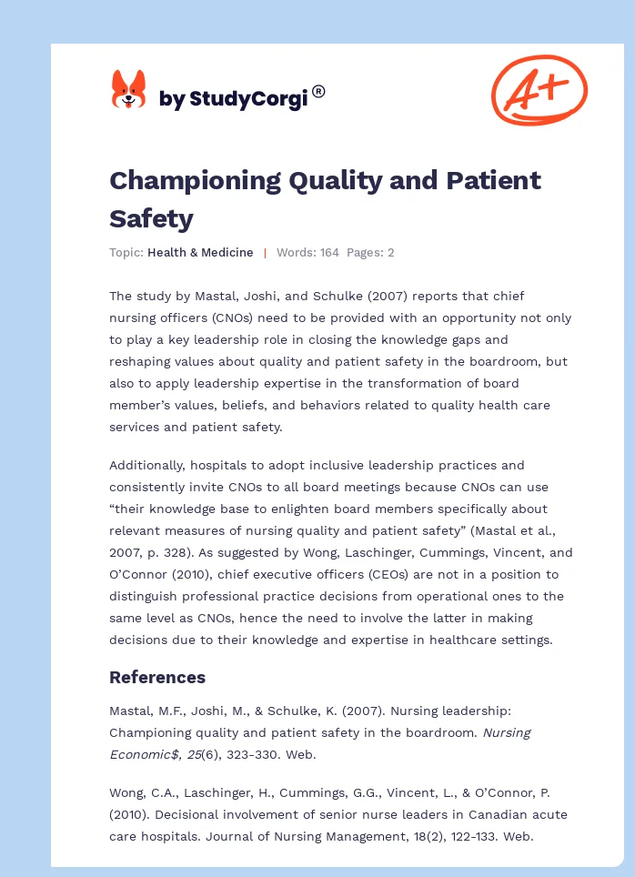 Championing Quality and Patient Safety. Page 1