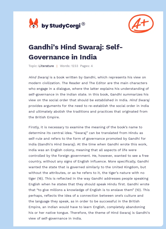 Gandhi’s Hind Swaraj: Self-Governance in India. Page 1
