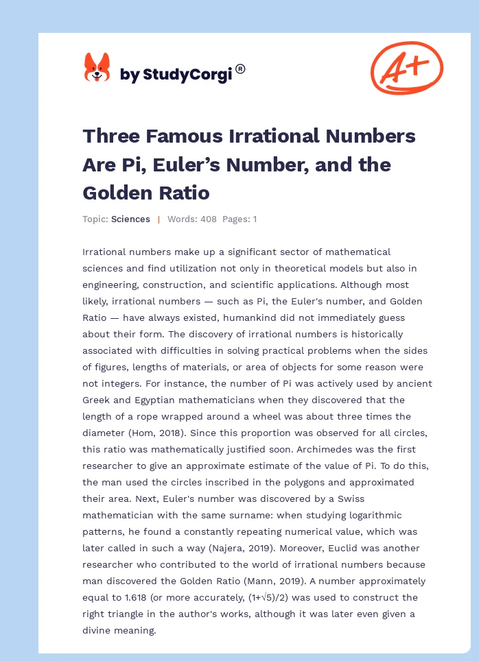 Three Famous Irrational Numbers Are Pi, Euler’s Number, and the Golden Ratio. Page 1