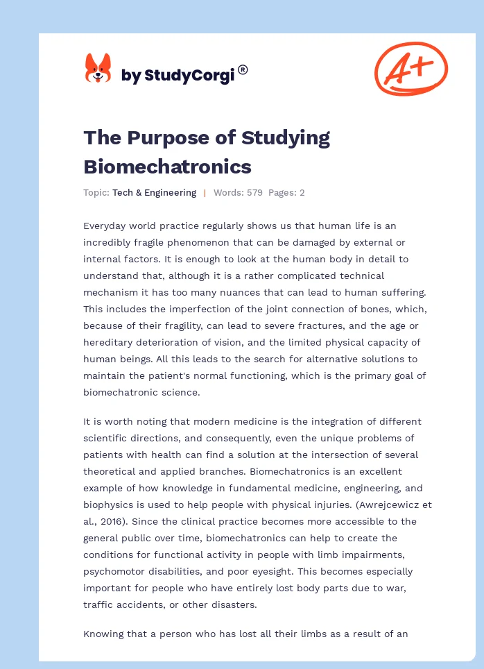 The Purpose of Studying Biomechatronics. Page 1