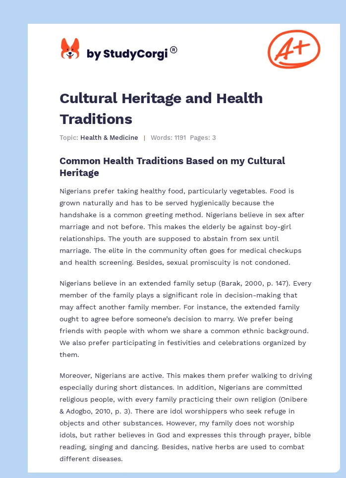 Cultural Heritage and Health Traditions. Page 1