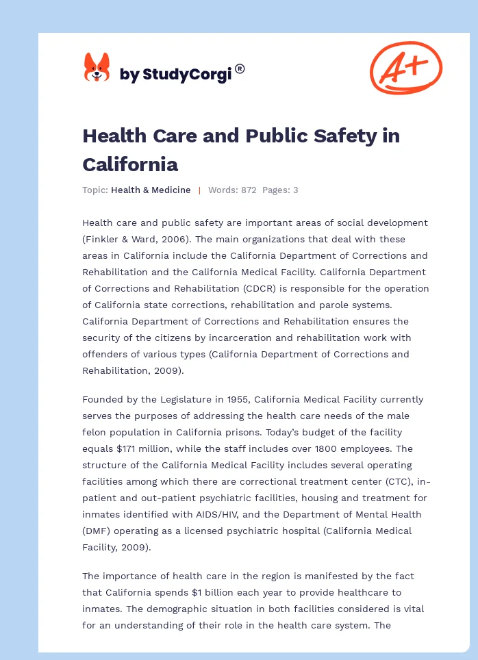 Health Care and Public Safety in California. Page 1