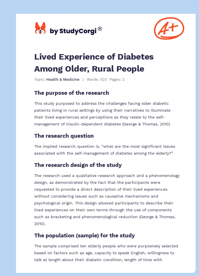 Lived Experience of Diabetes Among Older, Rural People. Page 1