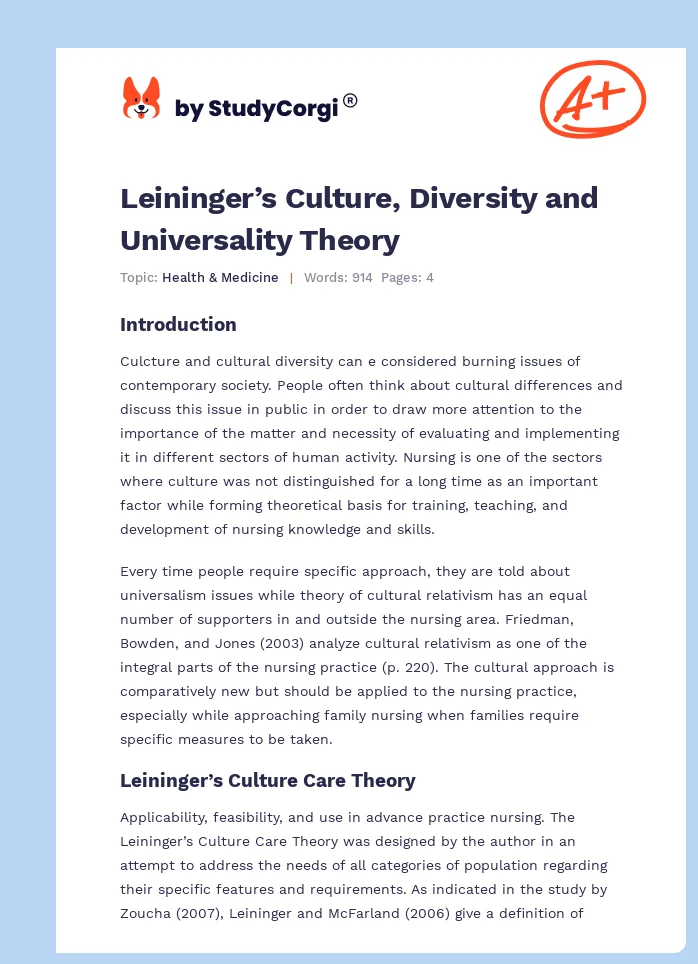 Leininger’s Culture, Diversity and Universality Theory. Page 1
