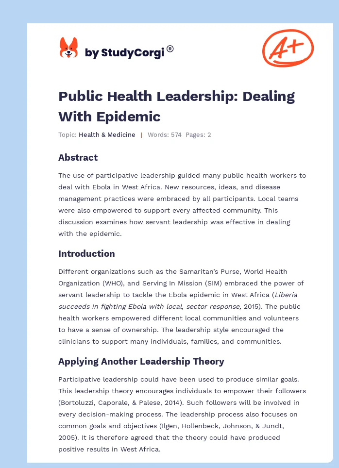 Public Health Leadership: Dealing With Epidemic. Page 1