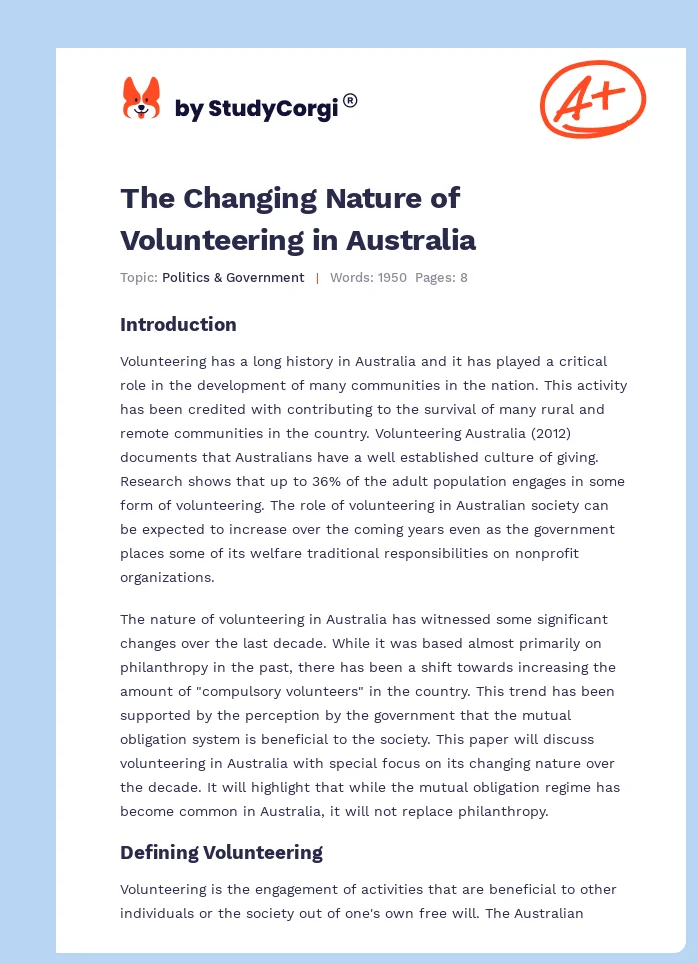 The Changing Nature of Volunteering in Australia. Page 1