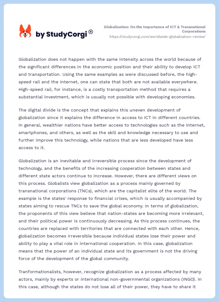 Globalization: On the Importance of ICT & Transnational Corporations. Page 2
