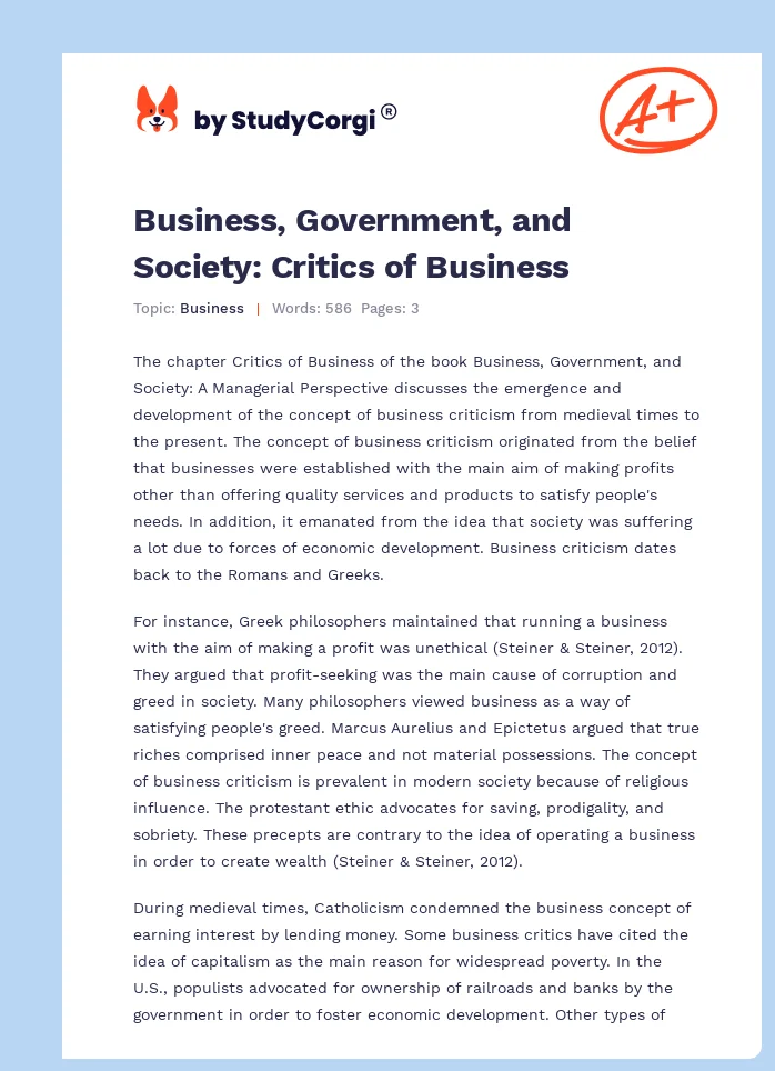 Business, Government, and Society: Critics of Business. Page 1