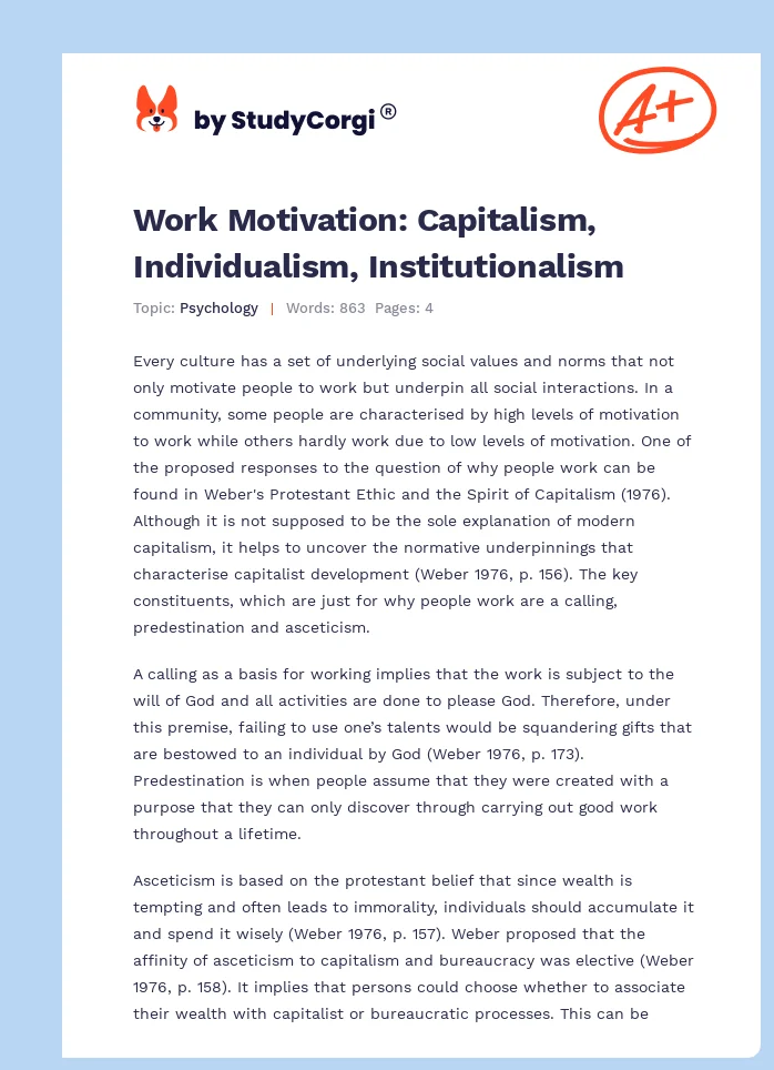 Work Motivation: Capitalism, Individualism, Institutionalism. Page 1