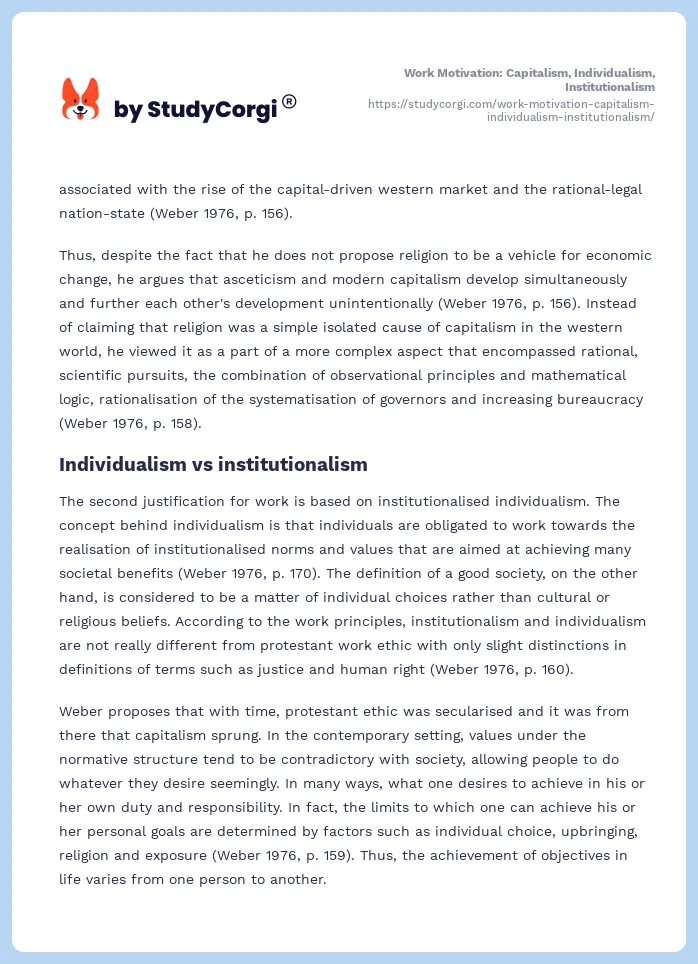 Work Motivation: Capitalism, Individualism, Institutionalism. Page 2