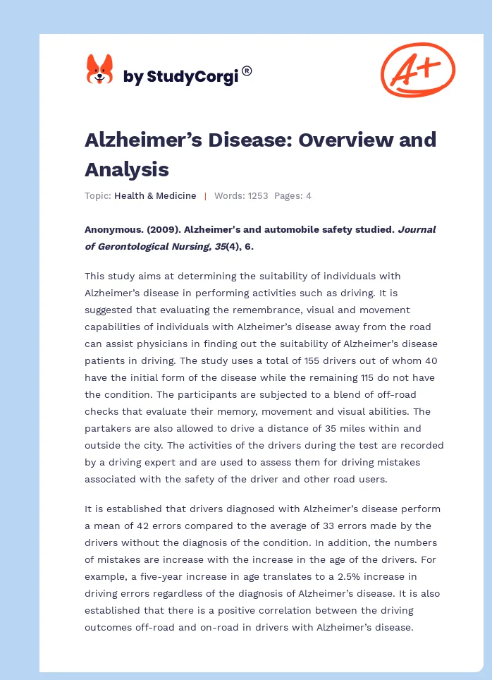 Alzheimer’s Disease: Overview and Analysis. Page 1