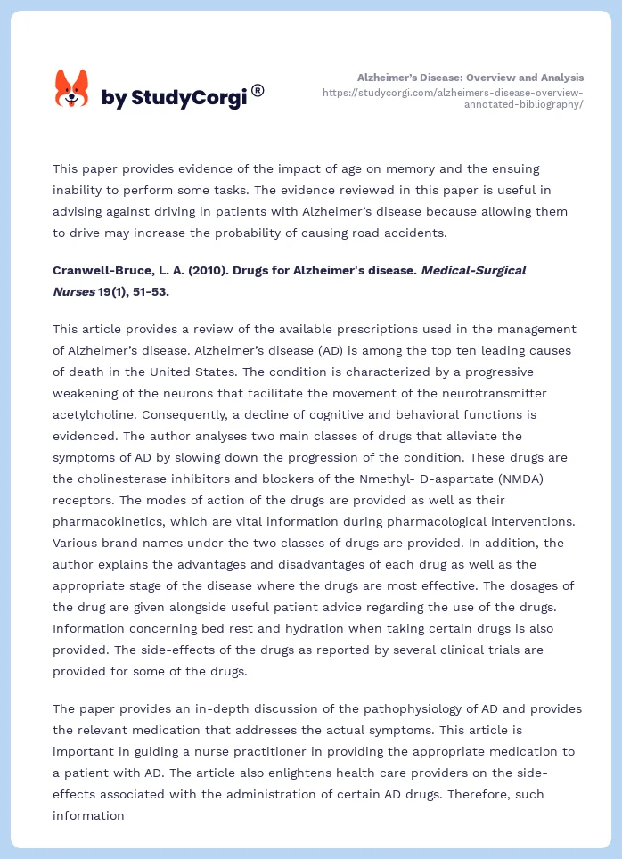 Alzheimer’s Disease: Overview and Analysis. Page 2