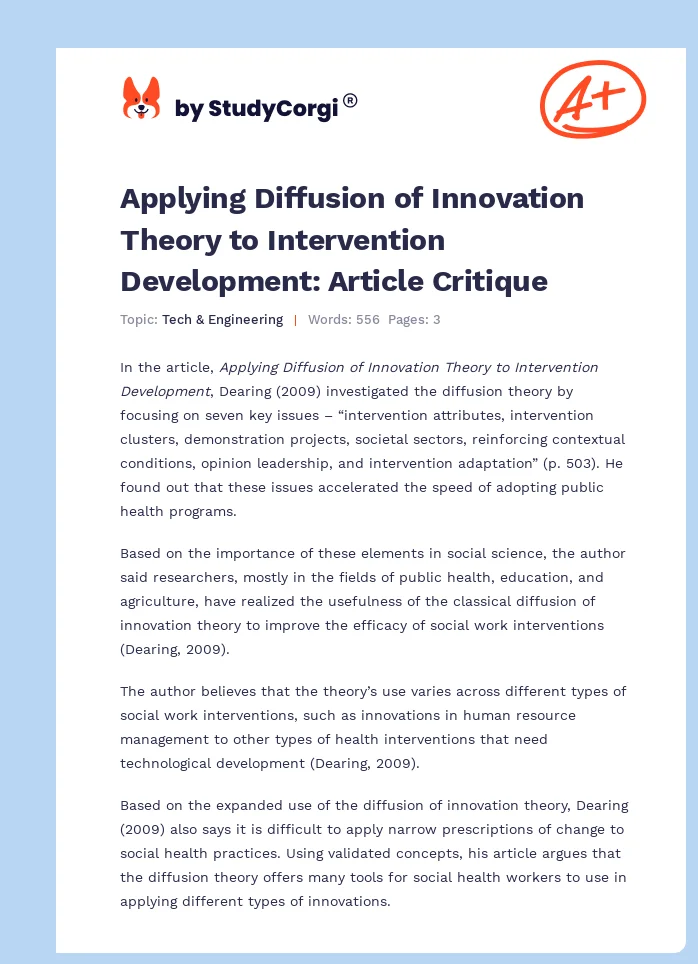 Applying Diffusion of Innovation Theory to Intervention Development: Article Critique. Page 1