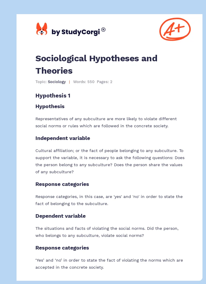 Sociological Hypotheses and Theories. Page 1