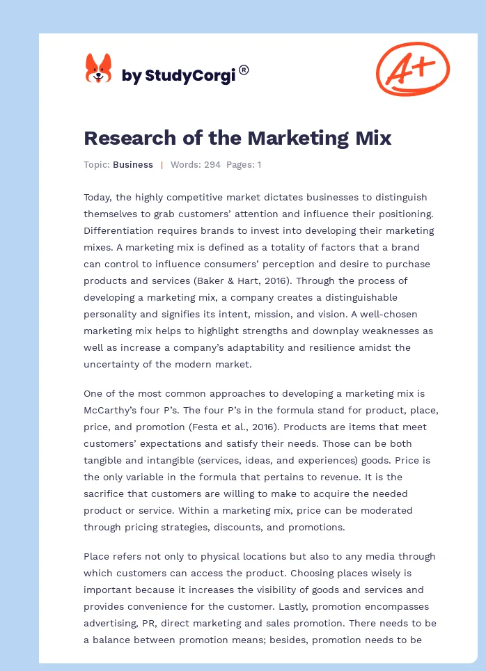 Research of the Marketing Mix. Page 1