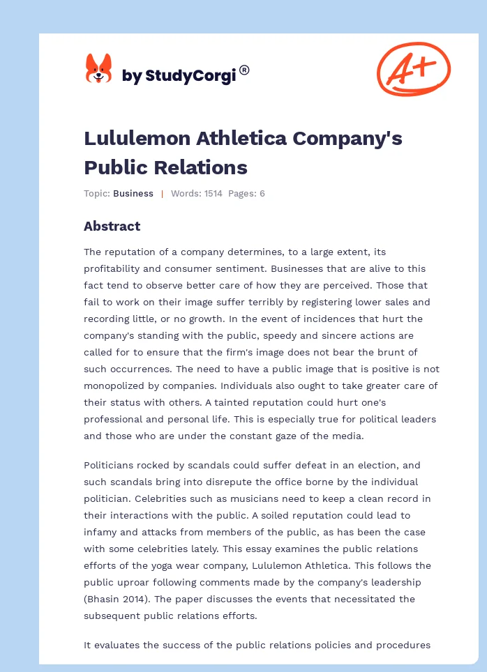 Lululemon Athletica Company's Public Relations. Page 1