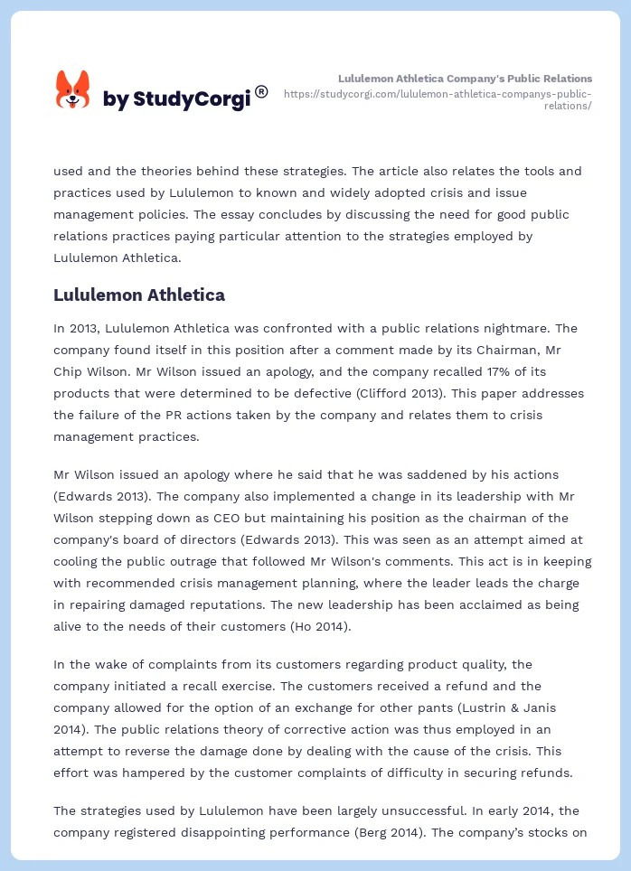 Lululemon Athletica Company's Public Relations. Page 2