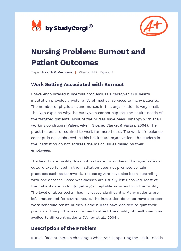 Nursing Problem: Burnout and Patient Outcomes. Page 1