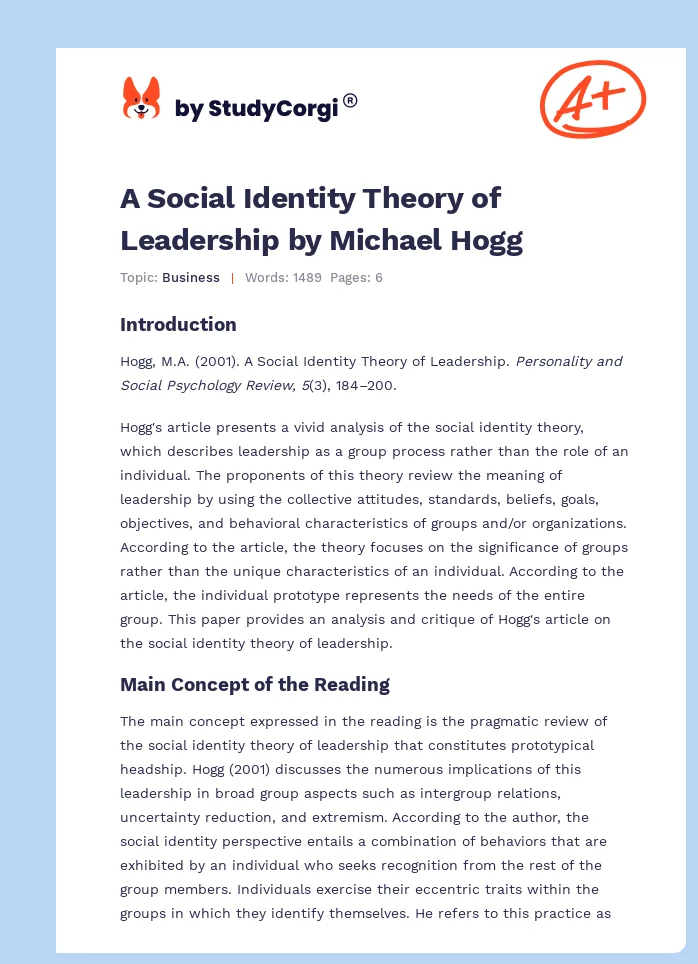 A Social Identity Theory of Leadership by Michael Hogg. Page 1