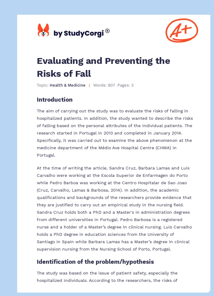 Evaluating and Preventing the Risks of Fall. Page 1