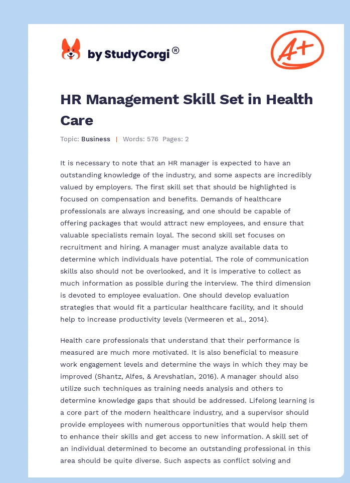 HR Management Skill Set in Health Care. Page 1