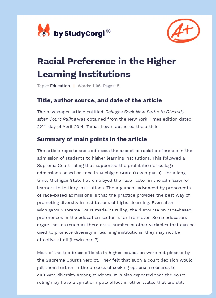 Racial Preference in the Higher Learning Institutions. Page 1