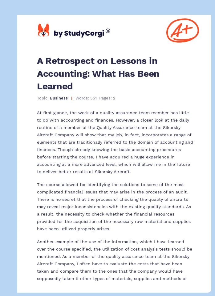 A Retrospect on Lessons in Accounting: What Has Been Learned. Page 1