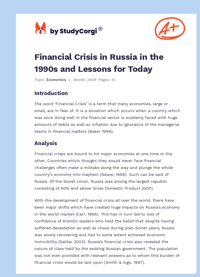 Financial Crisis in Russia in the 1990s and Lessons for Today. Page 1