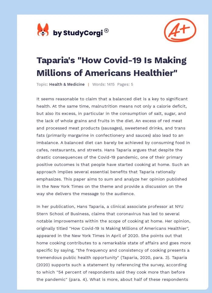 Taparia's "How Covid-19 Is Making Millions of Americans Healthier". Page 1