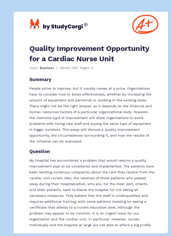 Quality Improvement Opportunity for a Cardiac Nurse Unit. Page 1