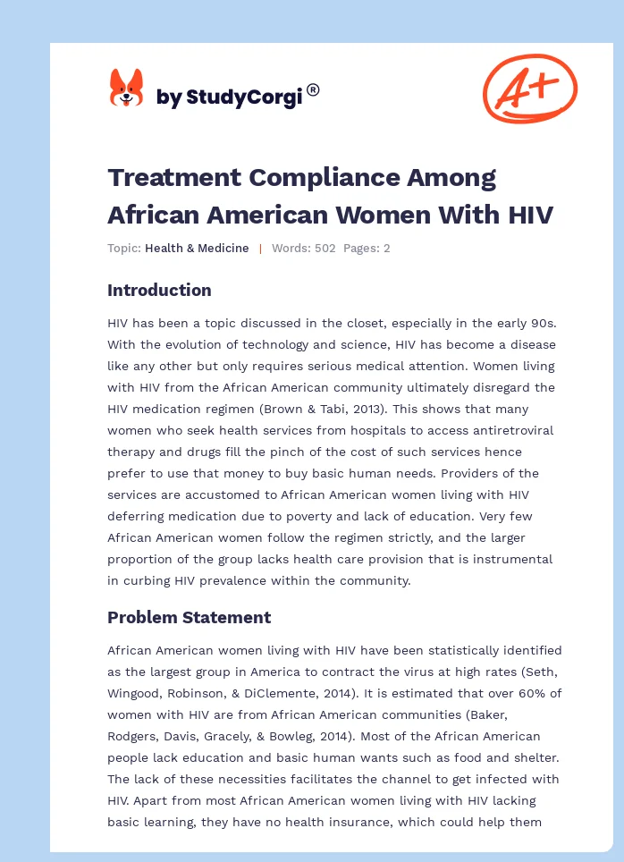 Treatment Compliance Among African American Women With HIV. Page 1