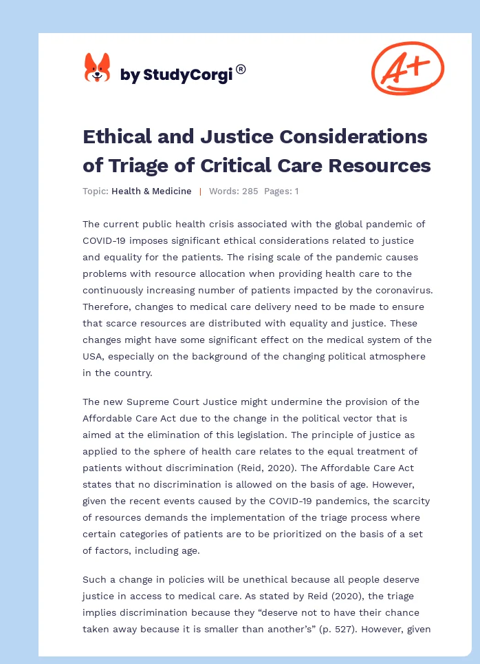 Ethical and Justice Considerations of Triage of Critical Care Resources. Page 1