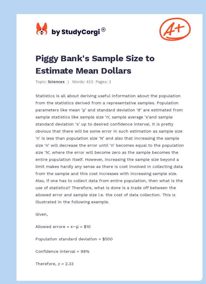 Piggy Bank's Sample Size to Estimate Mean Dollars. Page 1