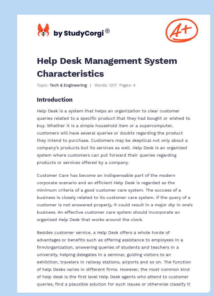 Help Desk Management System Characteristics. Page 1