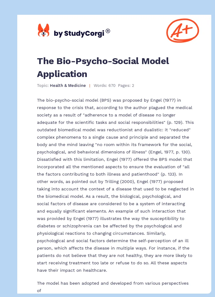 The Bio-Psycho-Social Model Application. Page 1