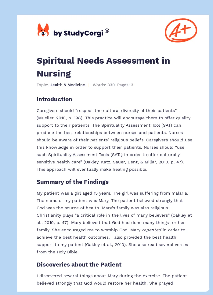 Spiritual Needs Assessment in Nursing. Page 1