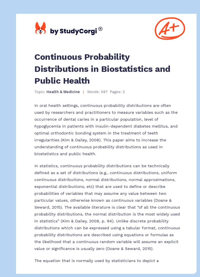 Continuous Probability Distributions in Biostatistics and Public Health. Page 1