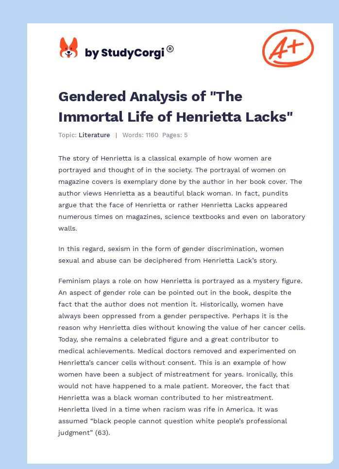 Gendered Analysis of "The Immortal Life of Henrietta Lacks". Page 1